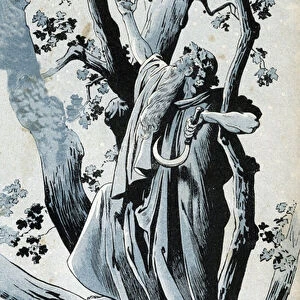 A Gallic druid, climbing in an oak to pick mistletoe with his serpe