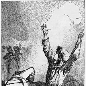 Gavroche had fallen only to rise again, illustration from Les Miserables by Victor Hugo (1802-85) engraved by Jules Leon Perrichon (1836-97) (engraving) (b / w photo)