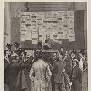 The General Election, announcing the Polls in the Smoke-Room of the National Liberal Club (engraving)