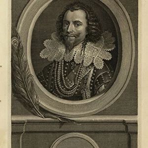 George Villiers, Duke of Buckingham. Duc de Buckingham. In lace collar, pearl necklaces and leather breastplate. Copperplate engraving by Charles Simonneau after Adriaen van der Werff from Isaac de Larrey's Histoire d'Angleterre