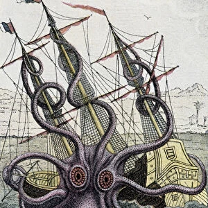 Giant octopus (Kraken) attacking a ship - from Denys-Montfort in "