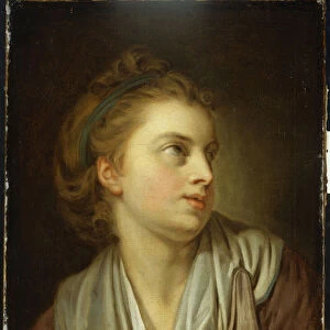 A girl, bust length, with a green hairband, looking up (oil on canvas)