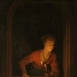Girl with an Oil Lamp at a Window, 1645-75 (oil on panel)