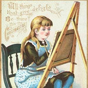 Girl sitting at easel painting, Christmas Card (chromolitho)
