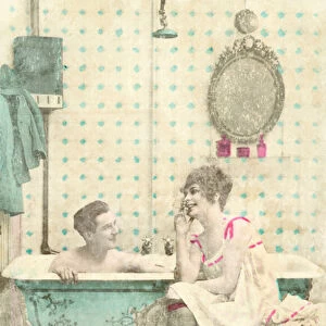 Girl, smoking, talking to man in bath (colour photo)