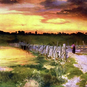 The Golden Hour, c1912. After Thomas Moran (1837-1926) English-born American artist. Landscape Sunset Evening River Road Bridge Wooden Peace Tranquillity