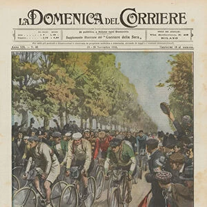 The great cycling events, picturesque start of the professionals competing in the Giro... (colour litho)
