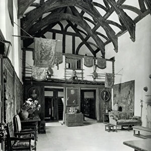 The Great Hall looking towards the screens passage and gallery, Cothay Manor, Somerset, from The English Manor House (b/w photo)