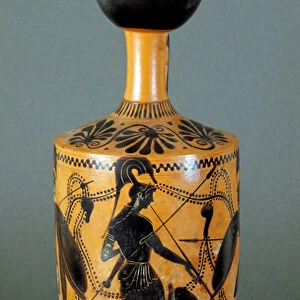 Greek antiquite: lekythos (lecythe) decorates a representation of an Amazon. 500 BC