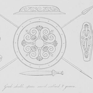 Greek shields, spears, sword, scabbard and greaves (engraving)