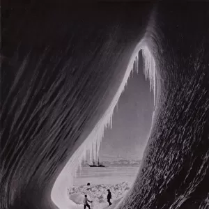 Grotto in an iceberg; Terra Nova in the distance (b / w photo)
