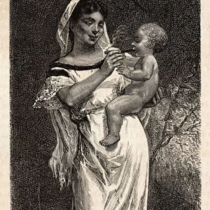 Guaranie woman smoking the cigar to her child, riding on her hip