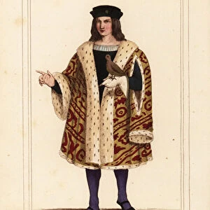 Guillaume de Montmorency, Lord of Chantilly, General of the Kings Finance, son of John II Baron Montmorency, 1453-1531. Handcoloured lithograph by Leopold Massard after a miniature depicting the court of Louis XII in Roger de Gaignieres