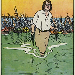 Gullivers Travels: Gulliver drawing the fifty ships behind him (colour litho)