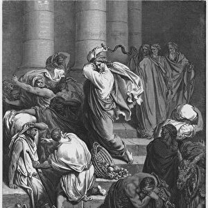 Gustave Dore Bible: The buyers and sellers driven out of the temple (engraving)
