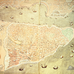 H 1523 fol. 158v-159r View of Istanbul and the Bosphorus Straits, from the Hunername