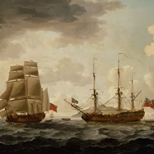 H. M. S. Tyrall in Three Positions off Antigua, 1764 (oil on canvas)