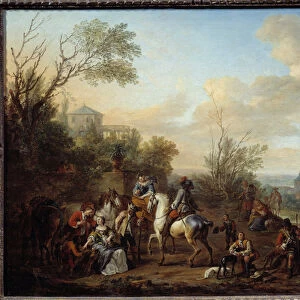 Halt of hunters Painting by Carel Van Falens (1683-1733) 18th century Sun. 0, 45x0, 6 m