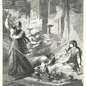Haman discovered by Ahasuerus pleading for his Life to Esther (engraving)
