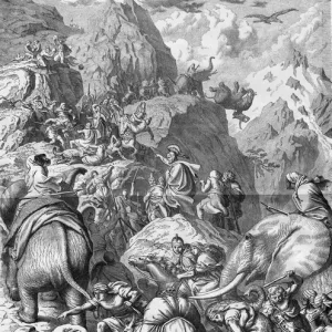 Hannibal crossing the Alps with elephants to arrive in Italy (II Punic War)