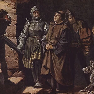 Hans von Berlepsch and Burckhardt Hund von Wenckheim escort Martin Luther to Wartburg Castle. (colour litho)