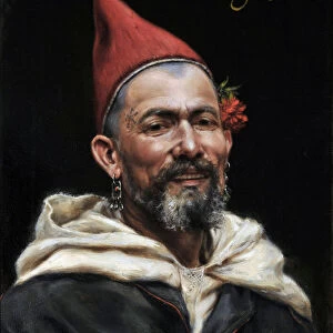 Head of Moroccan Portrait of man with pierced ears and red hat, with a flower in the ear and a tattoo on the temple 1892 (painting)