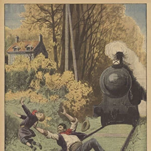 Heroic death of a worker killed saving a child from an oncoming train (colour litho)