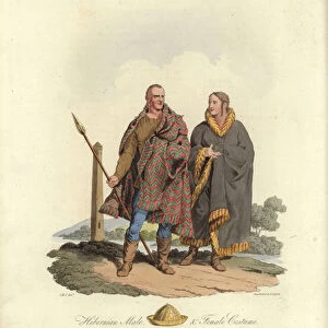 Hibernian male and female costume (coloured engraving)