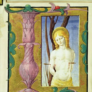 Historiated initial L depicting St. Sebastian (vellum)