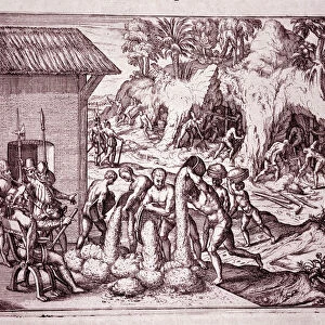 History of America: the Spanish exploit the gold mines (Engraving, 1595)