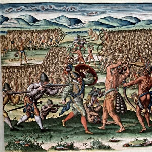 History of America: "The soldiers of Chief Outina (or Olata Utina) fighting, using the French of the expedition of Jean Ribault (or Ribaut)