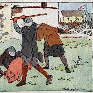 History of France in the Middle Ages: the games of the people in the 13th century: the eyes bands of men try to hit a pig with sticks. in "Histoire de France learned by image and direct observation