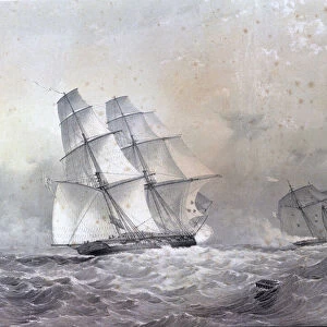 The HMS Acorn brigantine of 16 guns chasing the Negrier Gabriel, 1841