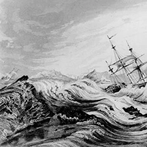 HMS Dorothea commanded by David Buchan driven into Arctic ice, 1818 (engraving)
