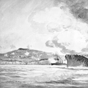 HMS Queen Elizabeth bombarding the Dardanelles defences in 1915 (litho)