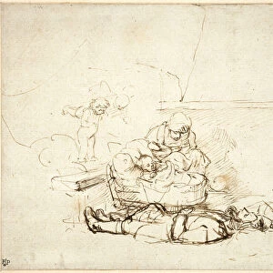 The Holy Family sleeping, with angels, 1645 (pen & ink with gouache on paper)