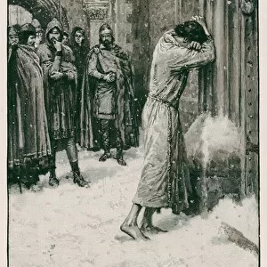 Holy Roman Emperor Henry IV doing penance at Canossa, Italy, 1077 (litho)