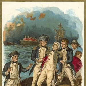 Horatio Nelson loses his arm at the attack on Santa Cruz de Tenerife (colour litho)