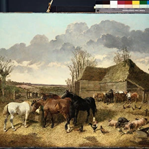 Horses eating from a manger, with pigs and chickens in a farmyard (oil on canvas)