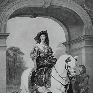 The Horsewoman, distinguished lady riding through the city gate in a lady's seat on a white horse