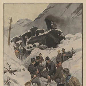Huge snowfalls in Friuli and Cadore, a train hit and blocked by snow on the Pontebba line (colour litho)