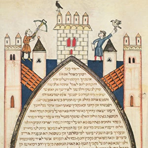 Hunting with falcons, illustration from the Jewish Cervera Bible, 1299 (vellum)