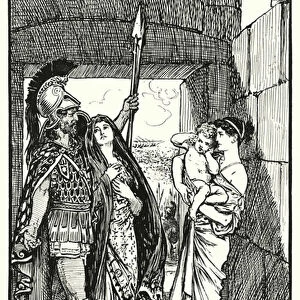 The Iliad: Andromache and Astyanax meet Hektor prepared for war (engraving)