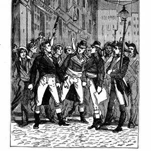 Illustration of the book by Leo Taxil and J. Vindex " Marat ou les heros de la revolution", Librairie anti-clericale (anti clerical, anticlerical) 1883 - Revolution Francaise - Danton protects Marat from being arreted by the bailiffs - Cardon