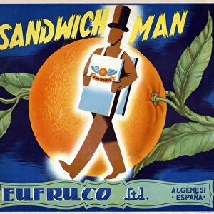 Illustration of a "man-sandwich". Label for oranges "Eufruco"