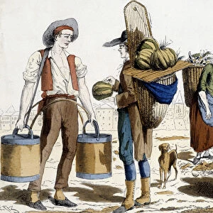 illustration of Paris costumes in the 18th century: water carrier, merchant of melons
