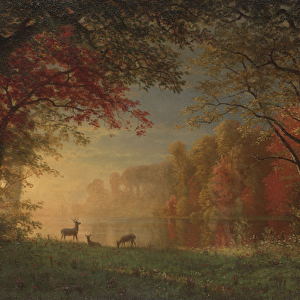 Indian Sunset: Deer by a Lake, c. 1880-90 (oil on canvas)