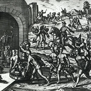 Indians bringing Balboa vases and gold objects (engraving) (b / w photo)
