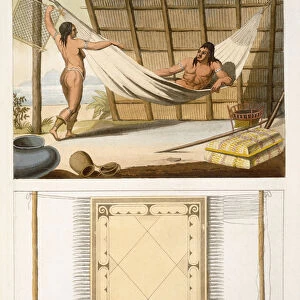 Interior scene depicting indians (colour engraving)