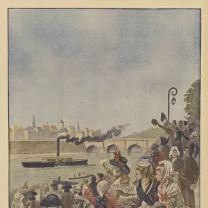 The invention of the steamboat by the Marquis de Jouffroy d Abbans (colour litho)